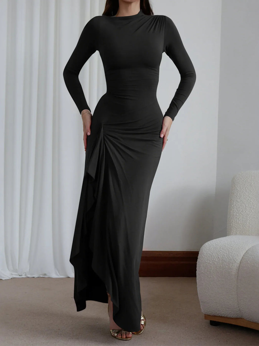 Ruched Long Sleeve Maxi Dress