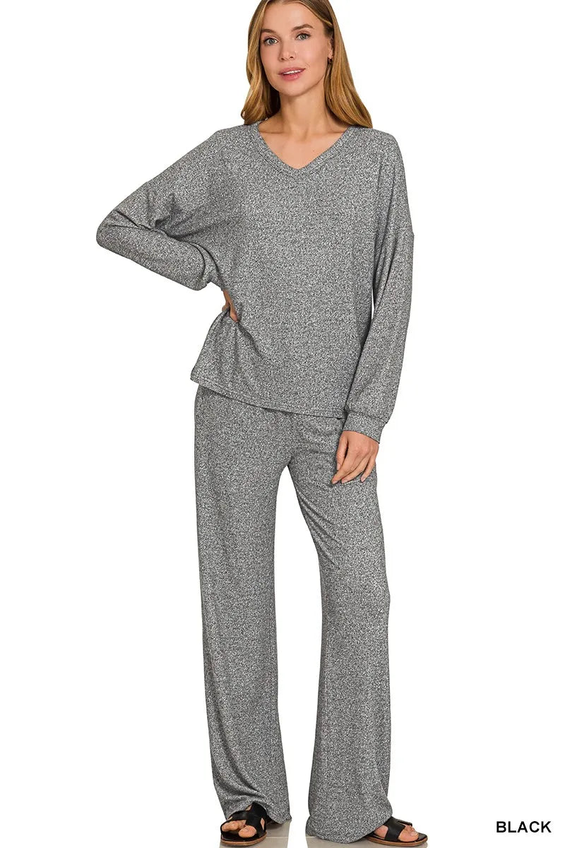 Zenana Soft Melange Long Sleeve Tee & Pants Set