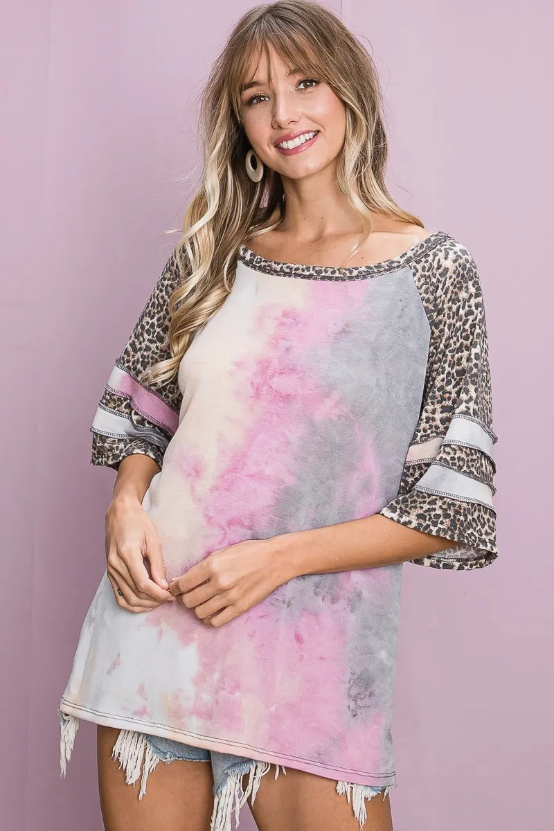 BiBi Tiedye French Terry with Leopard Sleeve Top