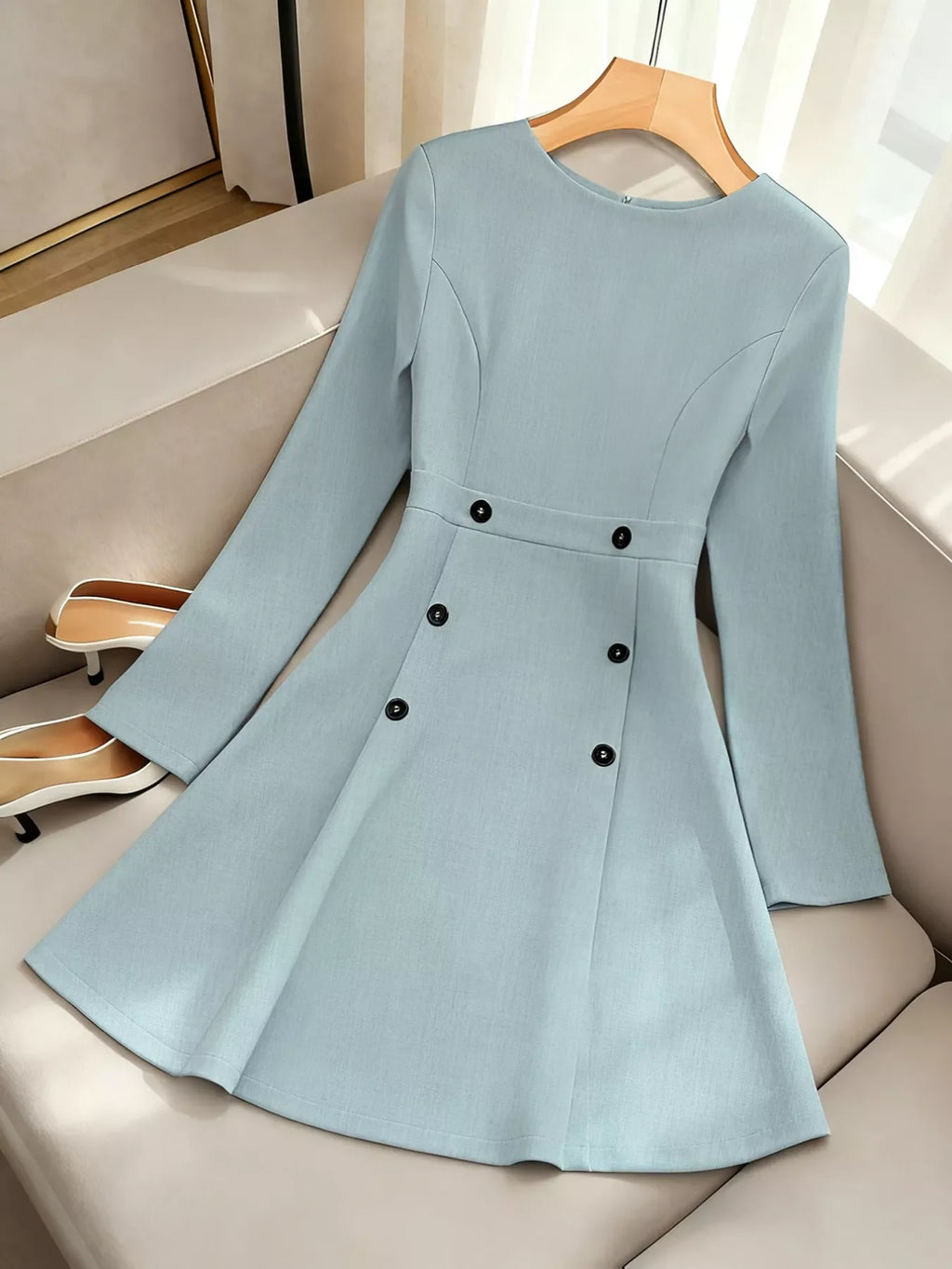A-Line Decor Button Long Sleeve Dress