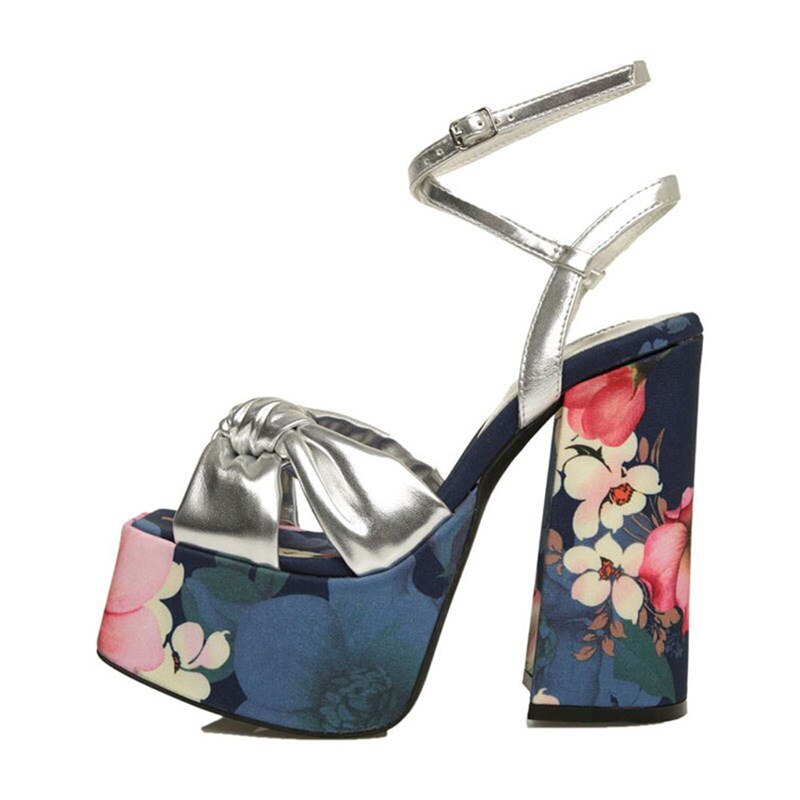 Women's High-Heeled Sandals Summer Fashion New Square Head Print Decoration Shoes Sandals High Heel
