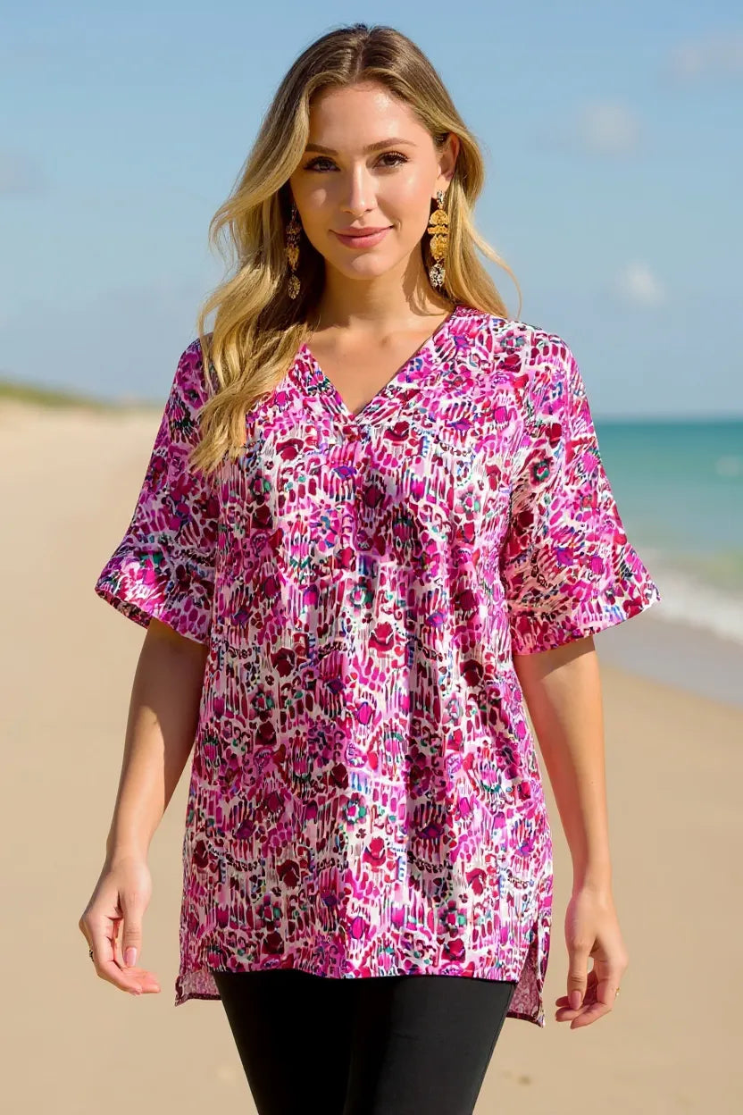 Double Take Full Size Printed V-Neck Short Sleeve Blouse