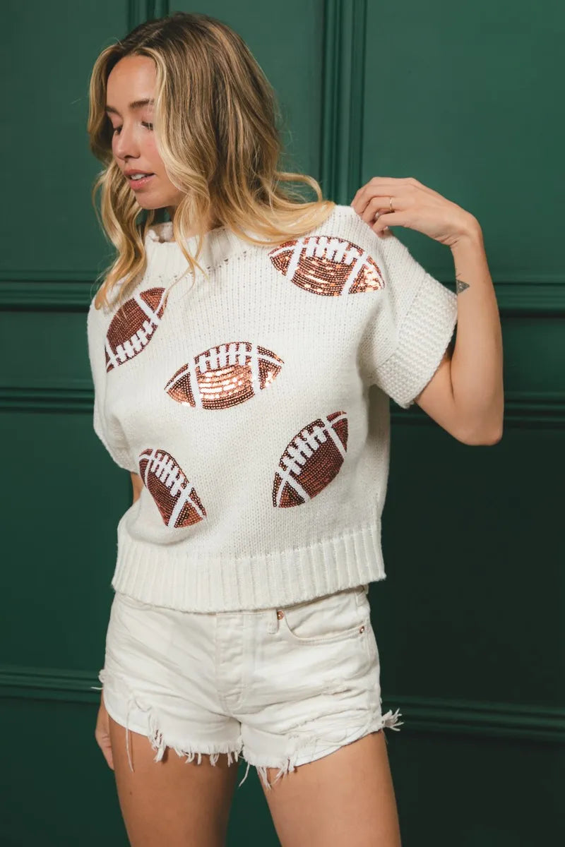 BiBi Gameday Sequin Football Patches Rib Banded Sweater