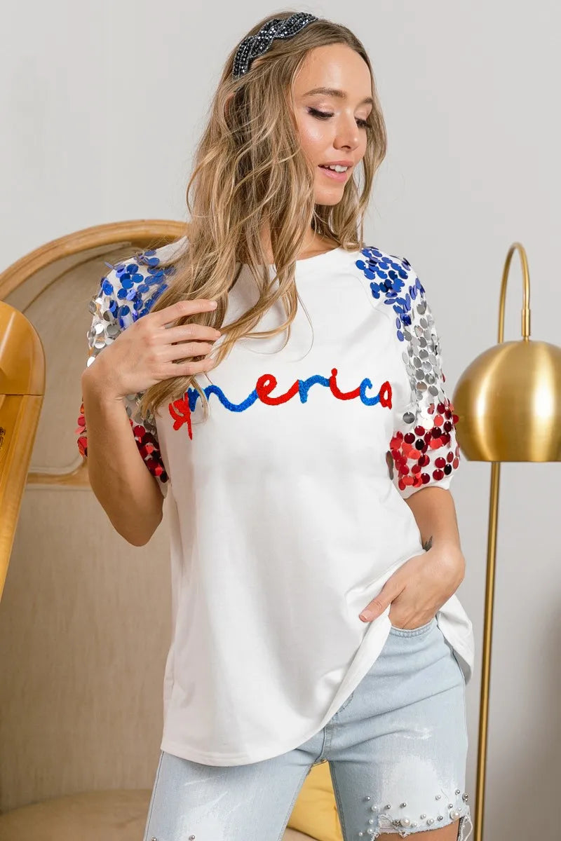 BiBi America Letter Applique Spangle Puff Sleeves Top