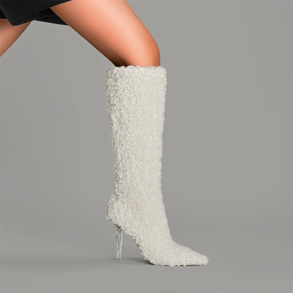 Fashion Women Imitation Wool Knee High Boots for Women's Pointed Toe Crystal Transparency Heels Shoes Sexy Lady Wedding Boots
