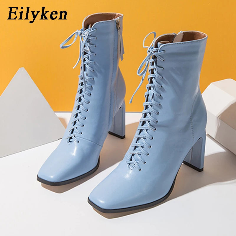 New Style Square Head Punk Women Ankle Boots Fashion Cross Strap Winter Autumn Zipper High Heels Shoes