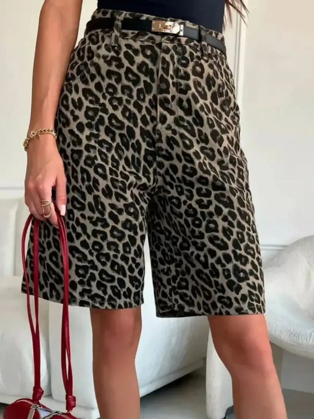 Leopard Print High-Waisted Casual Shorts