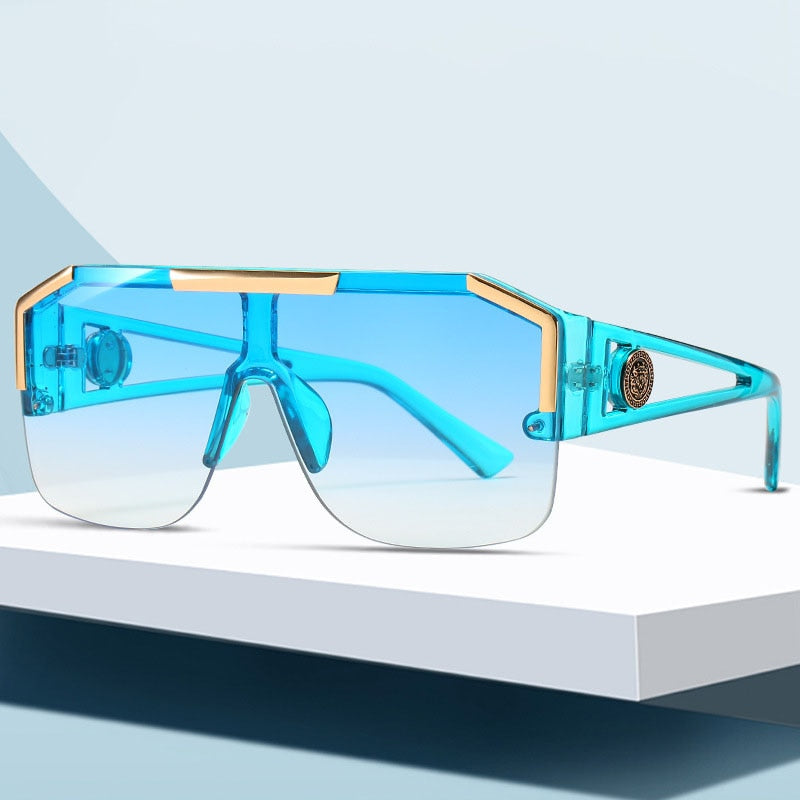 Oversized Square Sunglasses Men Women Vintage Metal Big Frame Semi-Rimless One Lens Sun Glasses UV400