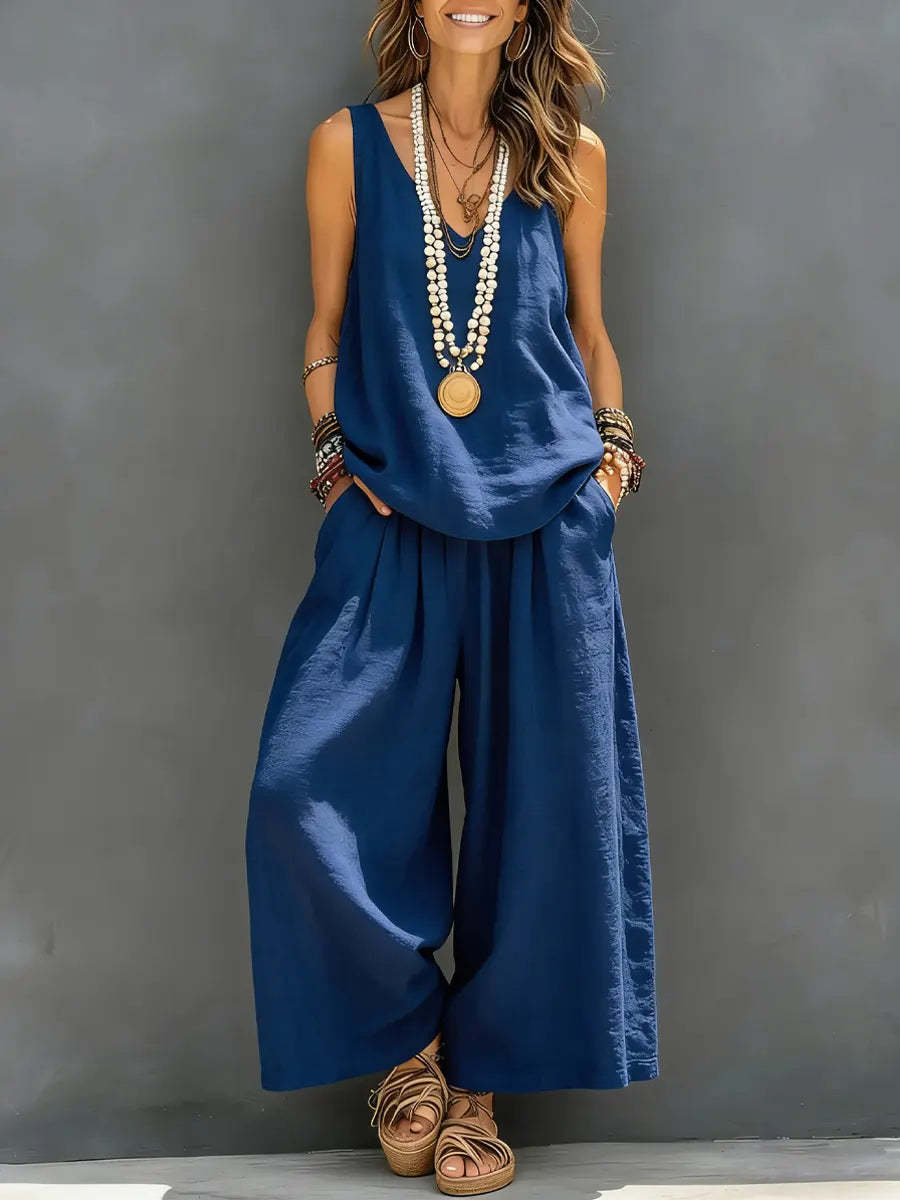Womens Solid-Colored Casual Sleeveless Tank Top And Wide-Leg Pants Cotton-Linen Set For Daily Wear Holiday Outfit