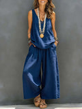 Womens Solid-Colored Casual Sleeveless Tank Top And Wide-Leg Pants Cotton-Linen Set For Daily Wear Holiday Outfit