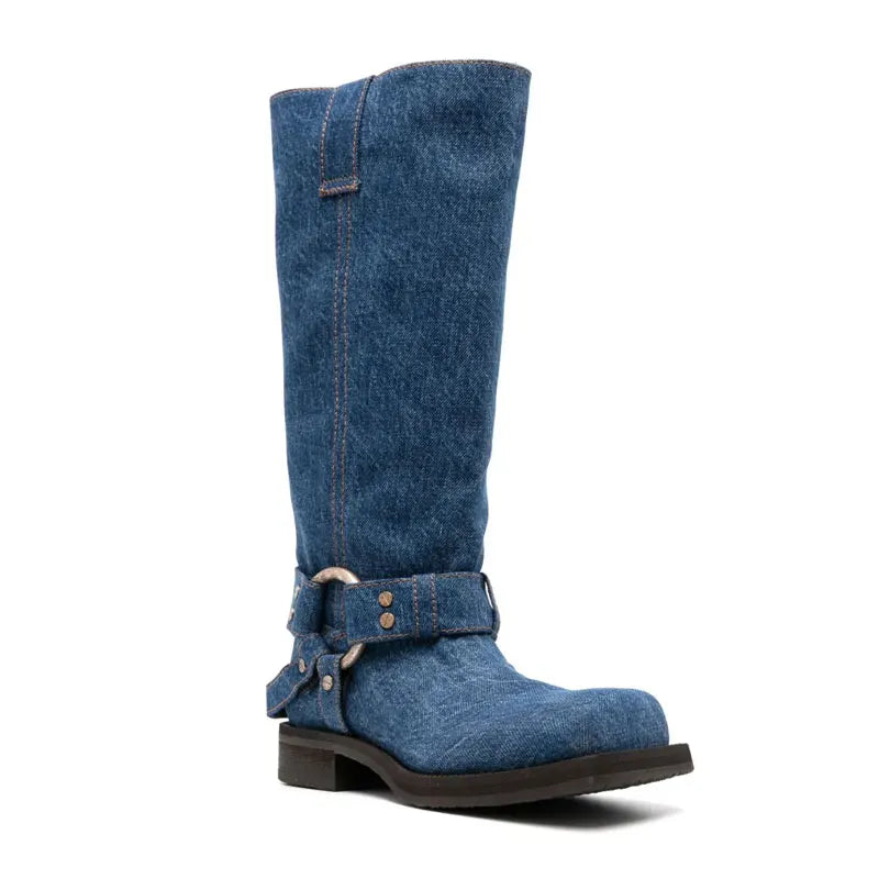 Women's New Thick Heel Knee Long Boots Western Style Denim Mid Sleeve Boots Square Head Casual  Large Knight Boots
