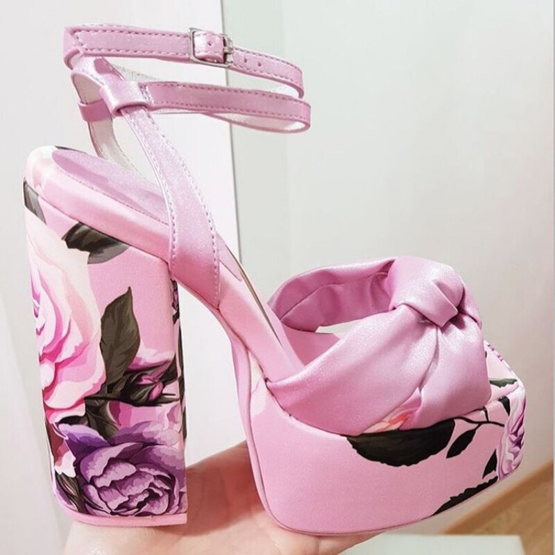Women's High-Heeled Sandals Summer Fashion New Square Head Print Decoration Shoes Sandals High Heel