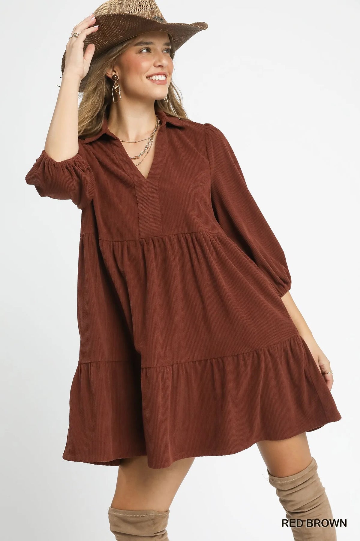 Umgee Tiered Corduroy Mini Dress with Balloon Sleeves