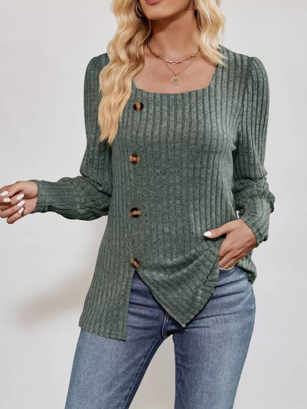 Ribbed Knit Slit Long Sleeve T-Shirt