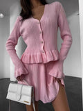 Ruffle Trim Knit Cardigan & Skirt Set