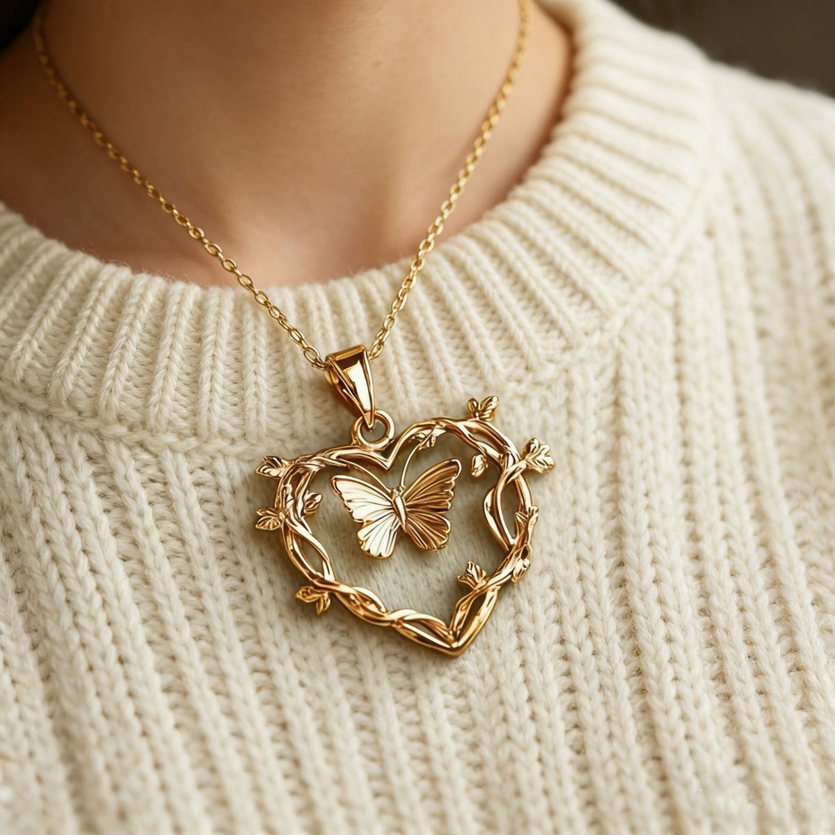 Forest Style Heart Shaped Butterfly Vine Necklace