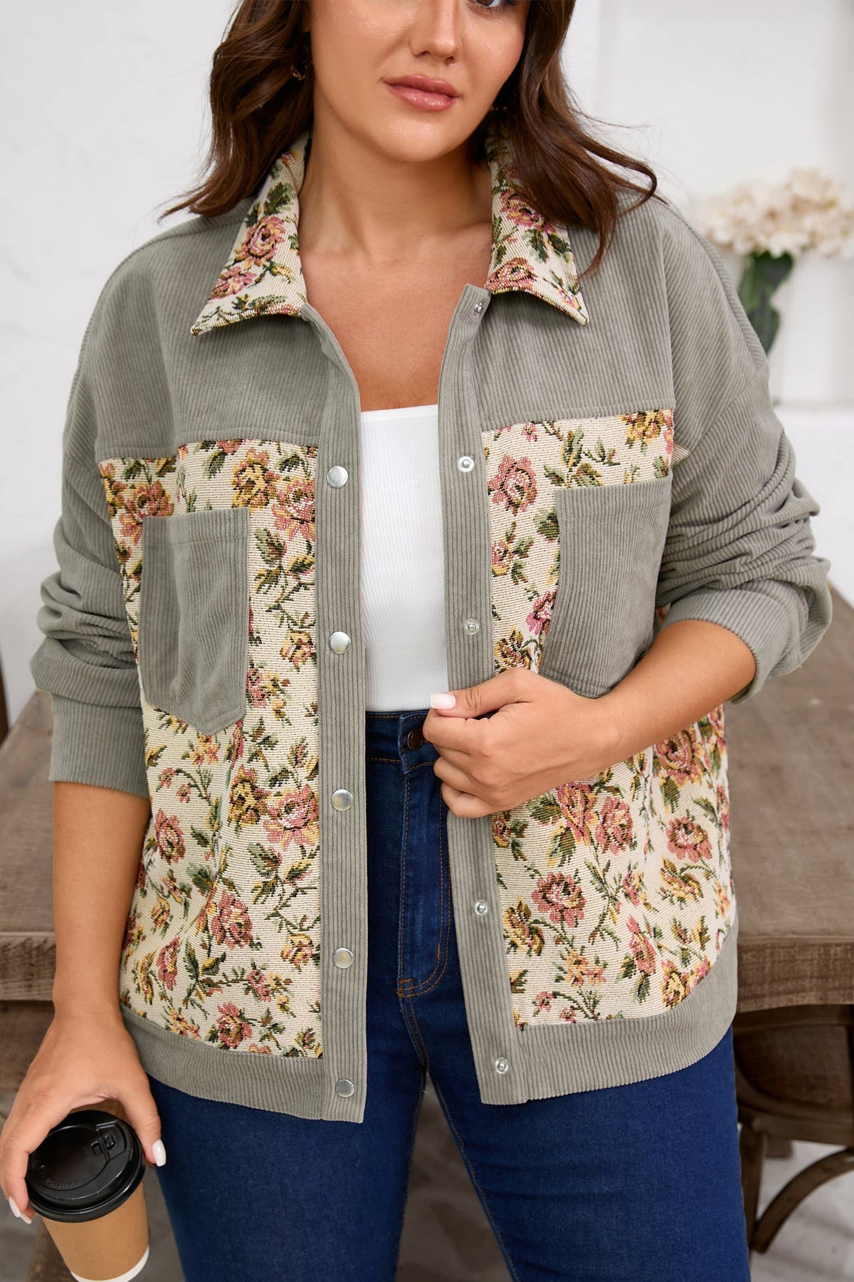 Plus Size Floral Patchwork Corduroy Pocketed Jacket-4