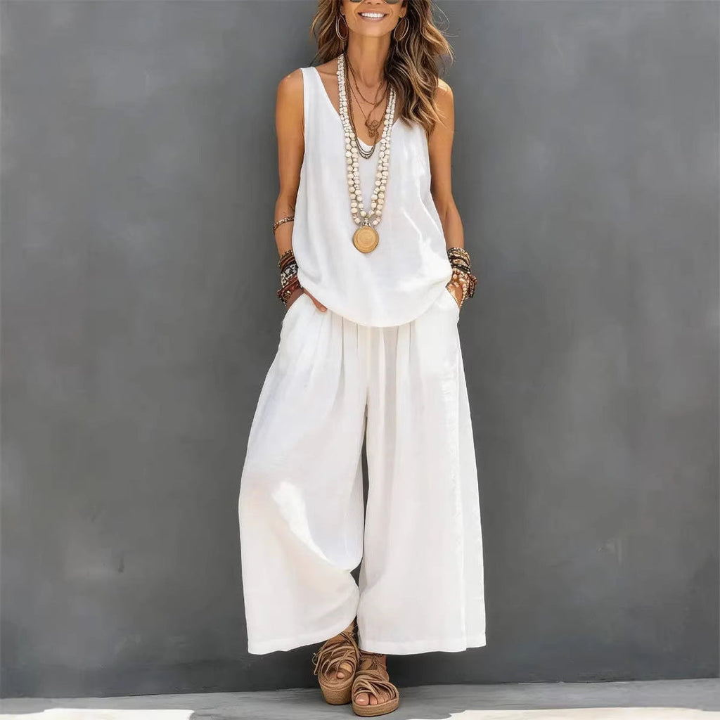 Womens Solid-Colored Casual Sleeveless Tank Top And Wide-Leg Pants Cotton-Linen Set For Daily Wear Holiday Outfit