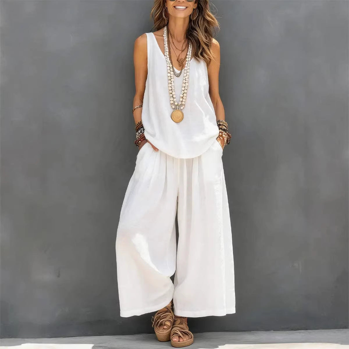 Womens Solid-Colored Casual Sleeveless Tank Top And Wide-Leg Pants Cotton-Linen Set For Daily Wear Holiday Outfit