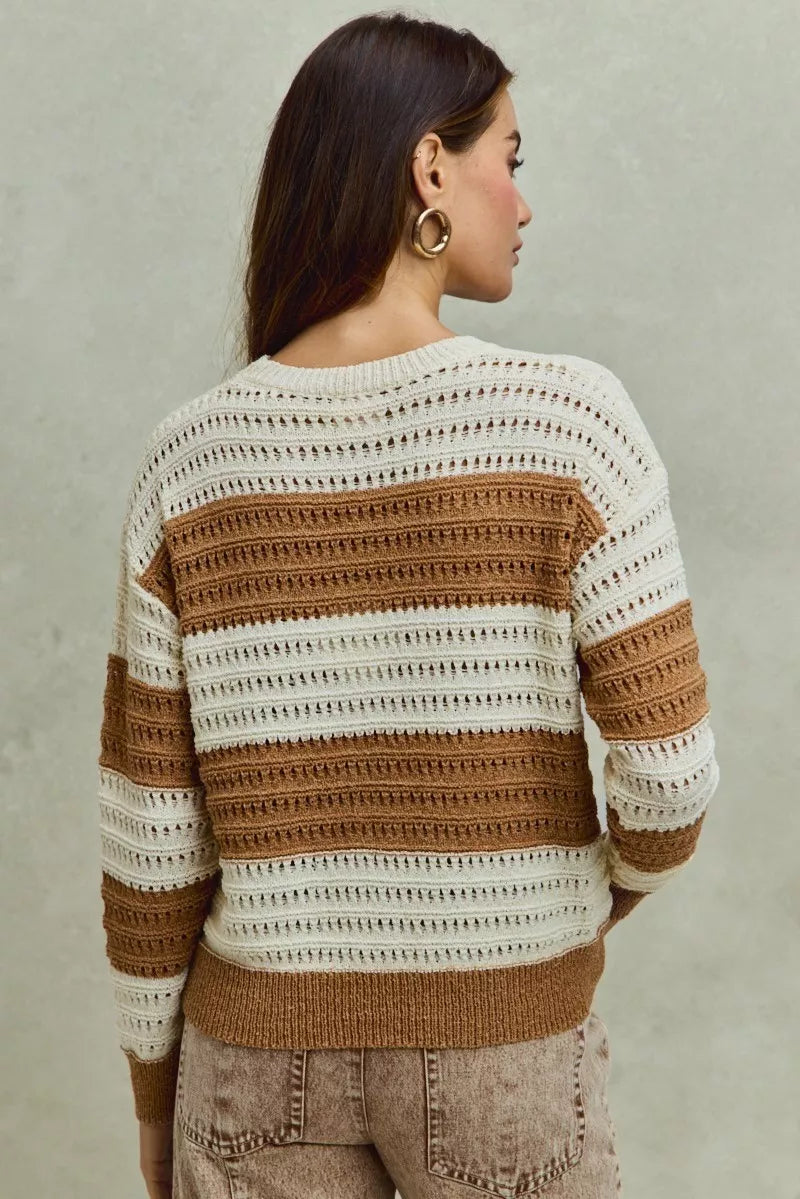 SO ME Openwork Round Neck Wide Stripe Textured Sweater