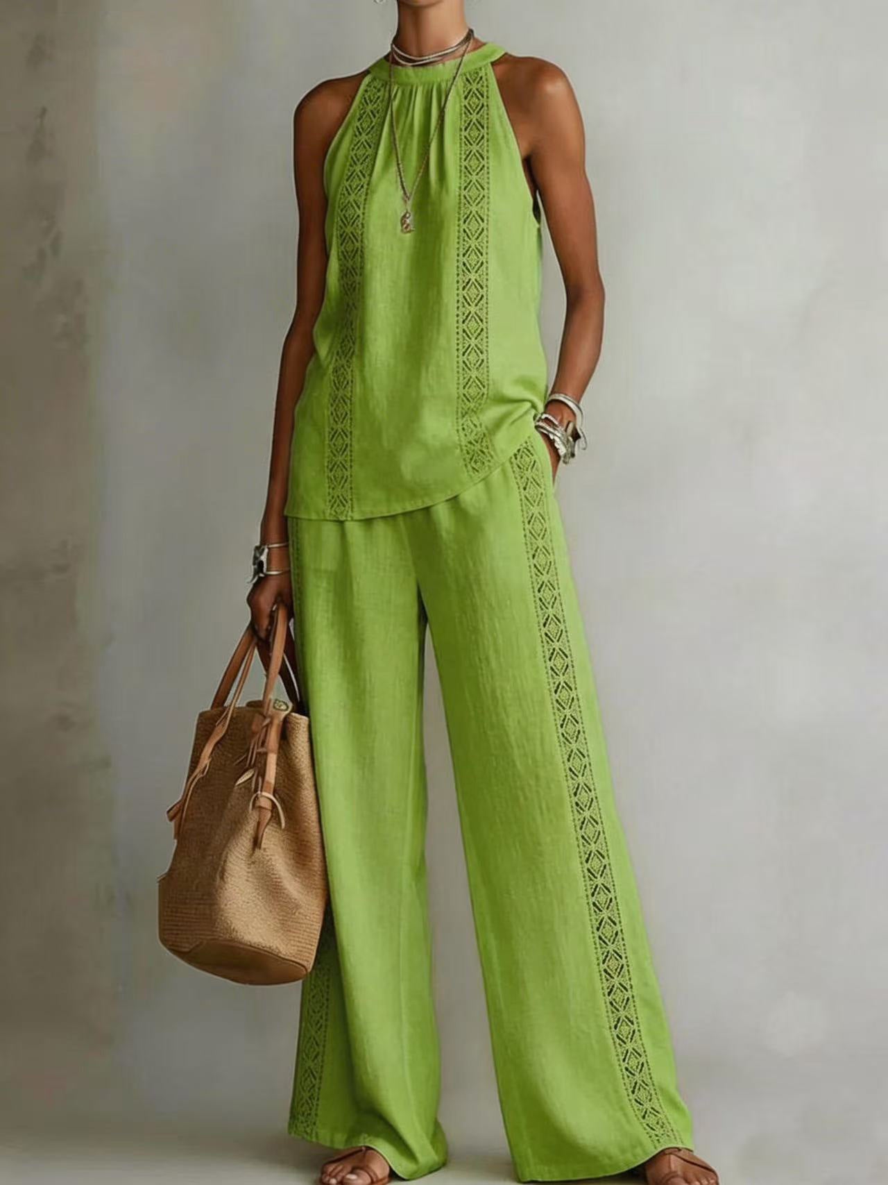 Womens Retro Lace Sleeveless Top And Wide-Leg Pants Two-Piece Set