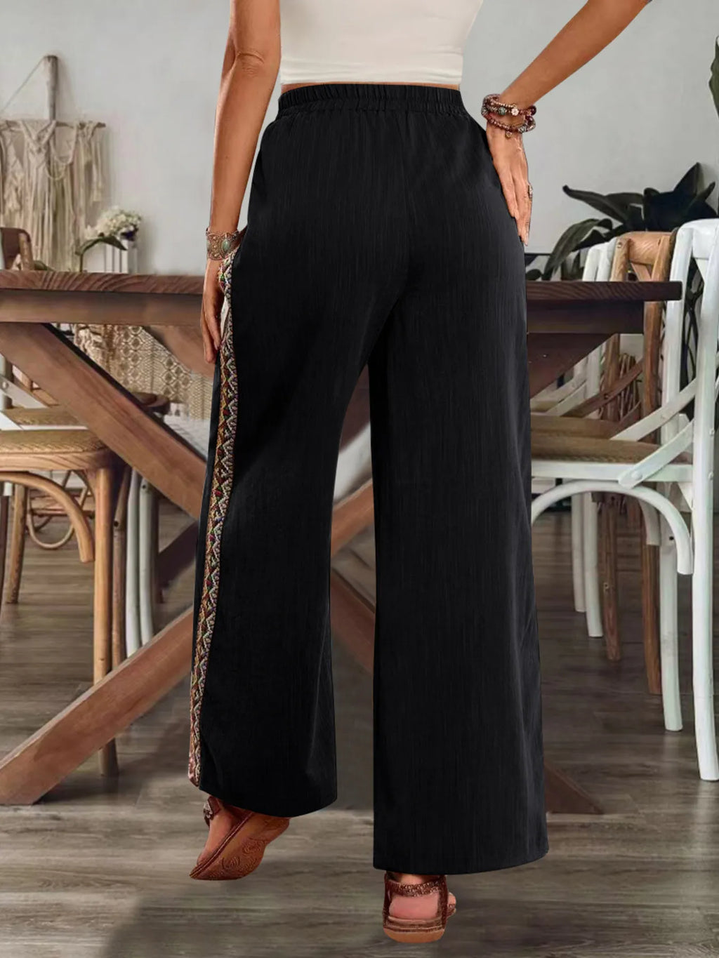 Bohemian Wide Leg Embroidered Side Stripe Pants