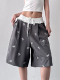 Bow Print Wide Leg Shorts with Contrast Ruffle Waistband