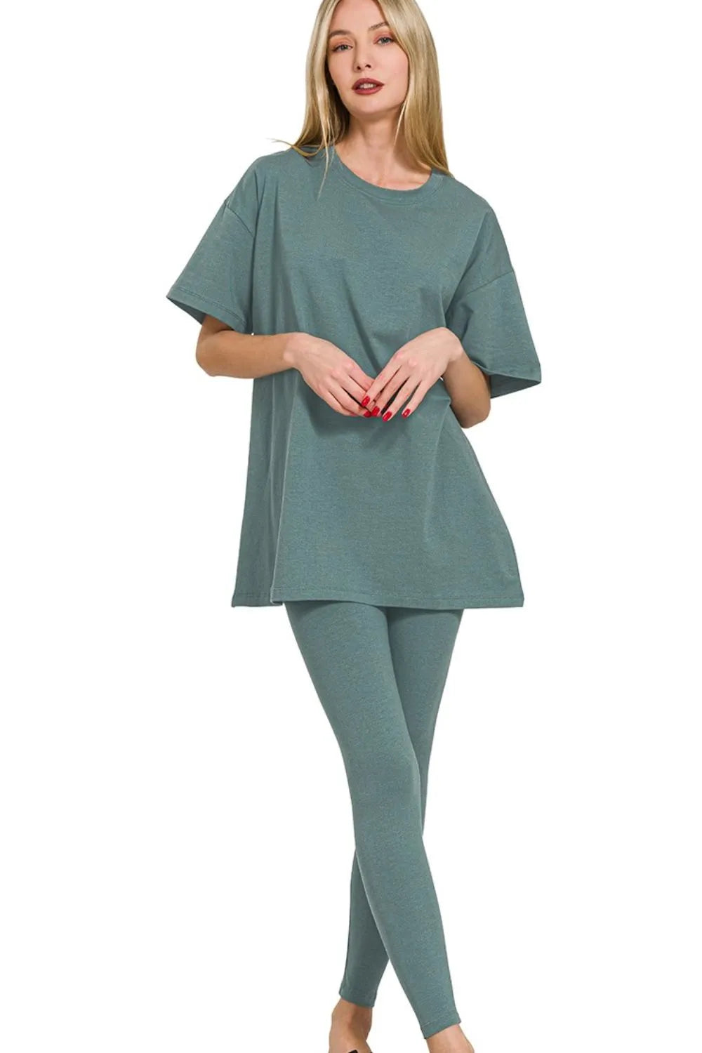 Zenana Cotton Round Neck Top & Legging Set