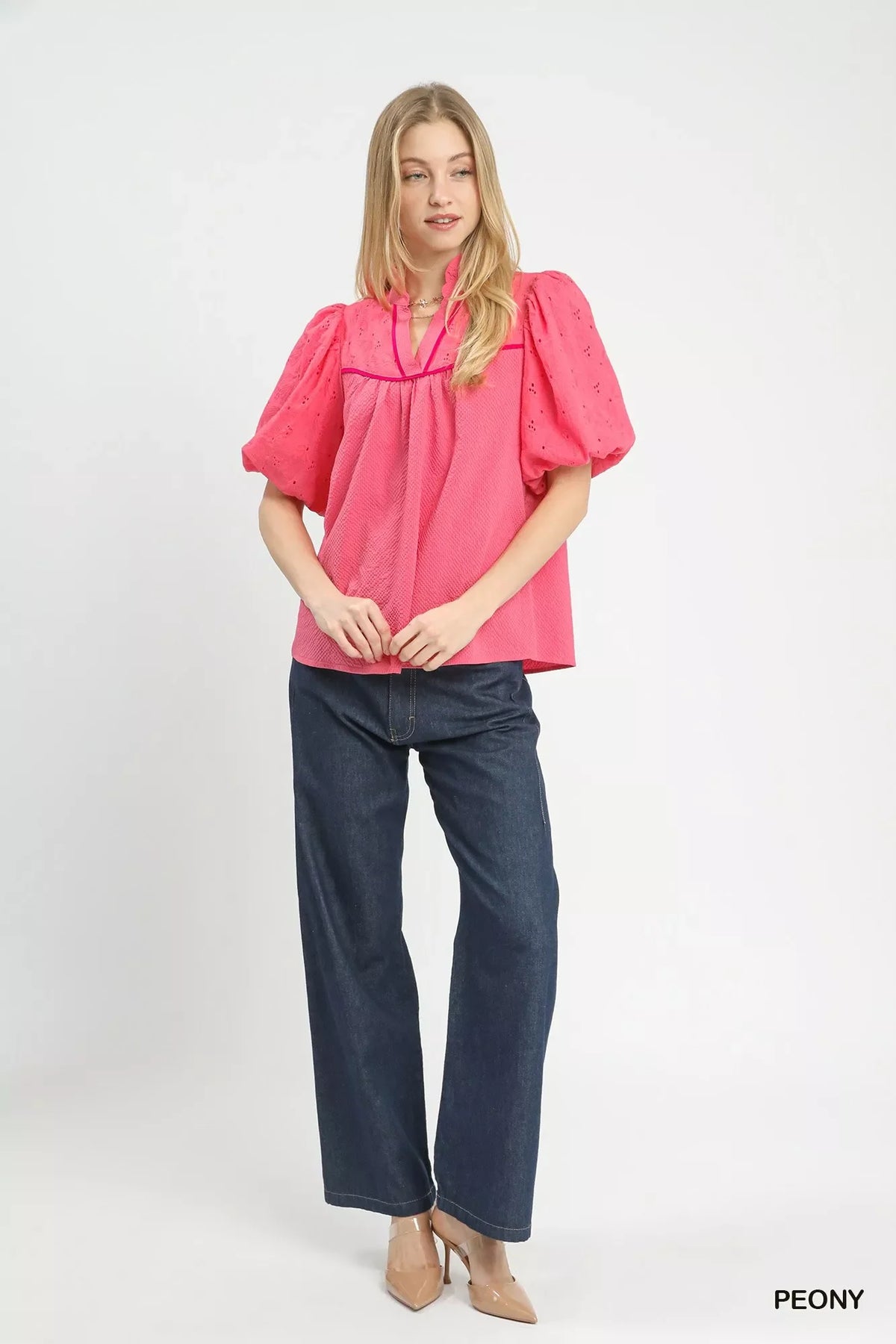 Umgee Puff Sleeve Eyelet Mix Top with Contrast Piping