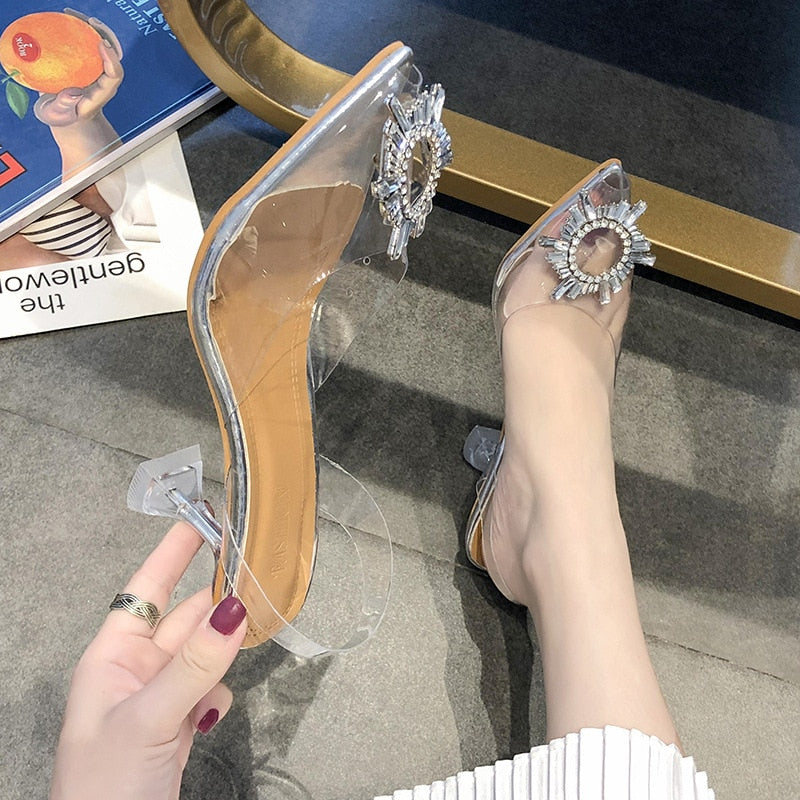 Women Pumps Elegant Pointed Toe Rhinestones High Heels Wedding Shoes Crystal Clear Heeled Slingback Pumps Sandals Sexy Heels