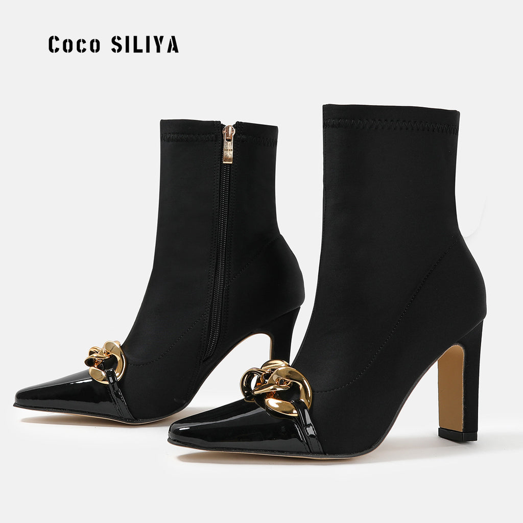 Autumn and Winter New Short Boots Women's Pointed Toe High Heel Thick Heel Medium Volume Martin Boots Large Size Boots