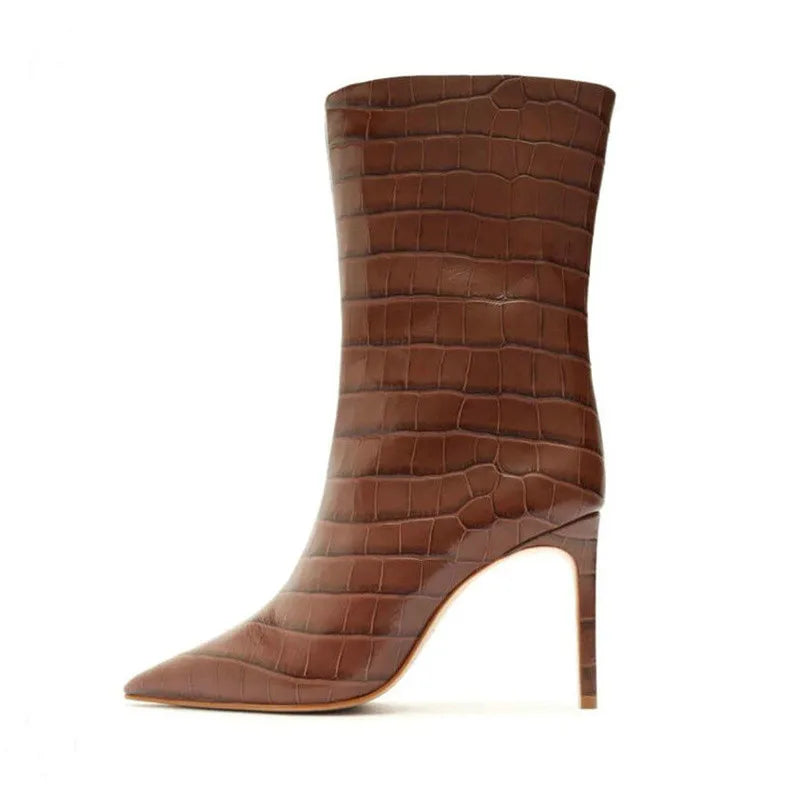 Sexy Ladies 9cm Stiletto Heel Pointed Toe Ankle Boots High Quality Stone Print Snakeskin Short Boots New Women's Shoes