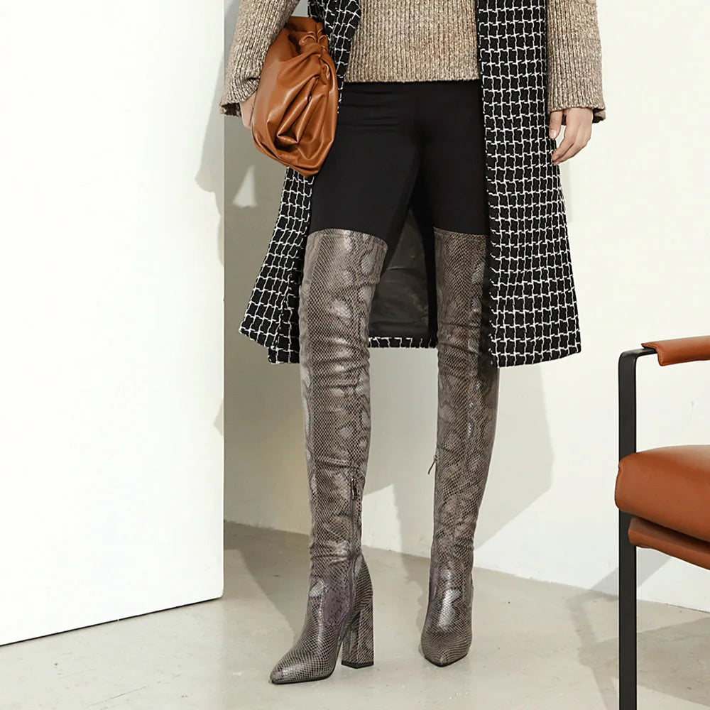 Winter Large Women's Thick Heels Fashion Casual Matching Sexy Pointed Head Over Knee Thigh Zipper Knight Long Boots