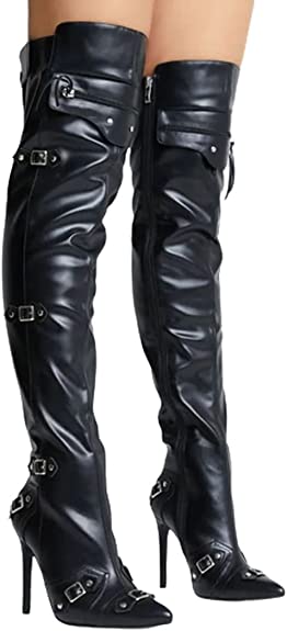 Solid Sexy Pointy Knee Length Belt Buckle Thin Heel Stage Boots Fashion High Top Boots