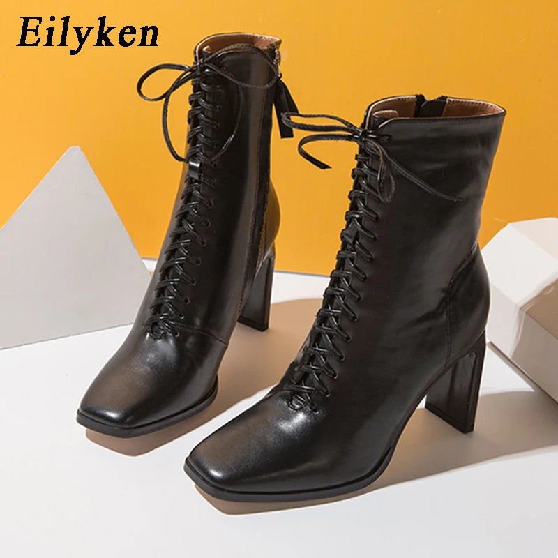 New Style Square Head Punk Women Ankle Boots Fashion Cross Strap Winter Autumn Zipper High Heels Shoes