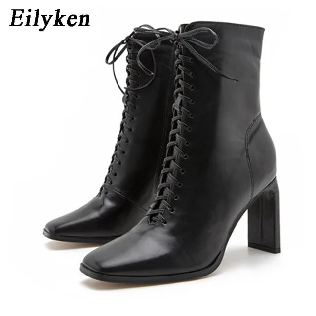 New Style Square Head Punk Women Ankle Boots Fashion Cross Strap Winter Autumn Zipper High Heels Shoes