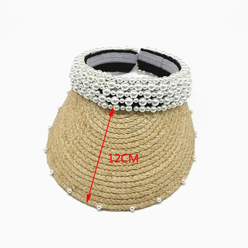 New Women Pearl Headband Hat Raffia Visor Caps For Girls Beach Hat Braided Fashion Cap Lady Summer Straw Sun Hats Wholesale