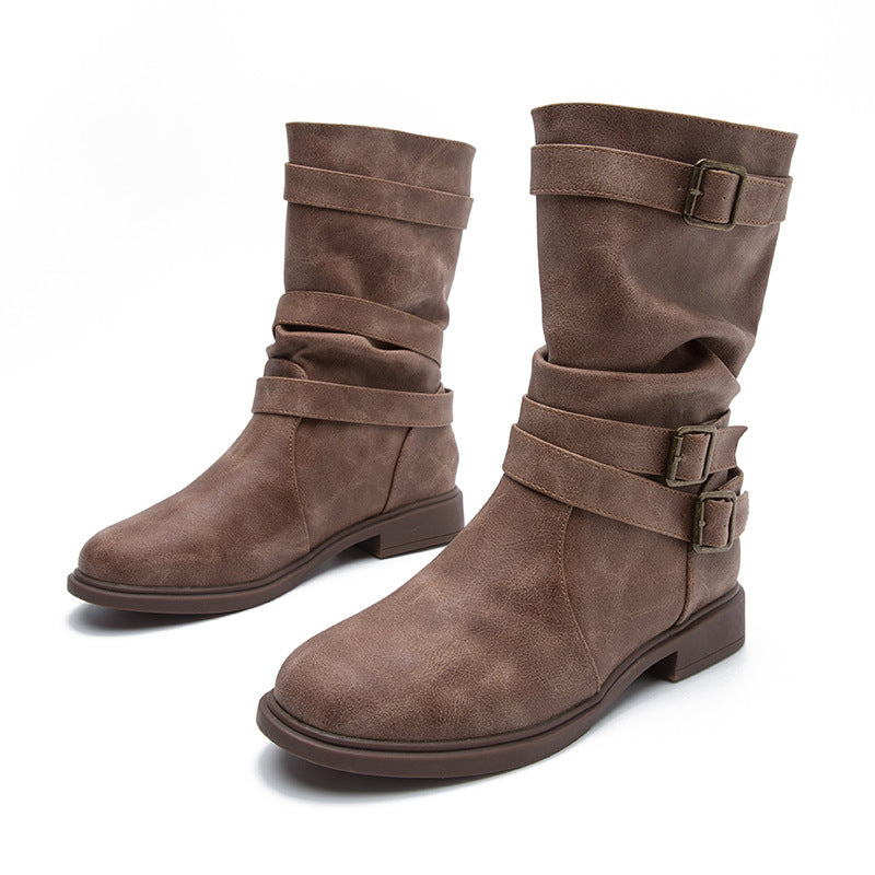 Autumn And Winter New Boots Round Head Flat Bottom Women's Large Smoke Pipe Boots Motorcycle Boots