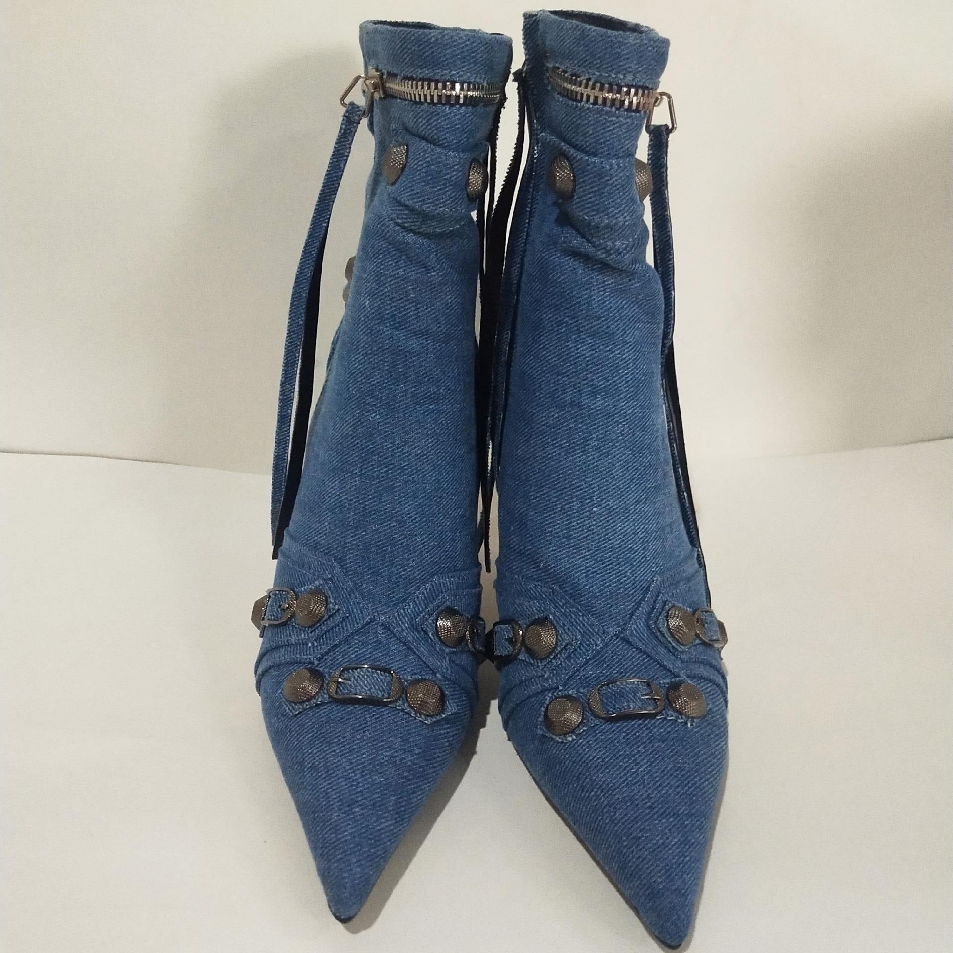 Metal Rivet Blue Denim Short Boots Silver Microfiber Leather Side Zipper Pin Buckle