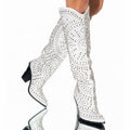 Cowboy Boot Studded Pointy Toe Block Heel Knee High Crystal Handmade Winter Boots White Slip On Women Fashion Shoes