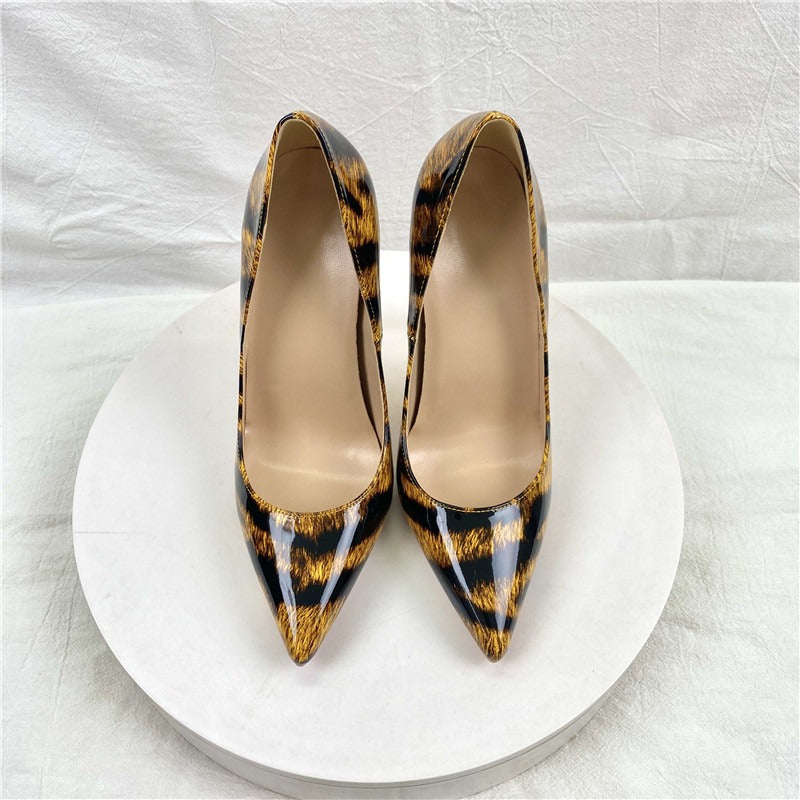 Leopard print patent leather high heels, pointed thin root fashionable women's shoes, single shoes