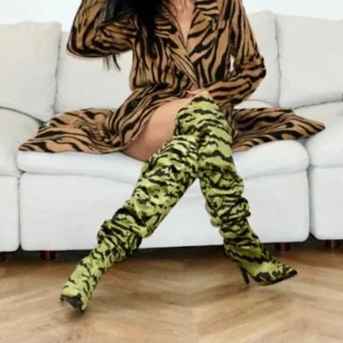 Tiger Print Sexy Thigh High Boots Pointed Toe Stiletto Heels Side Zip Over The Knee Booties Loose All Seasons Casual Women Sexy
