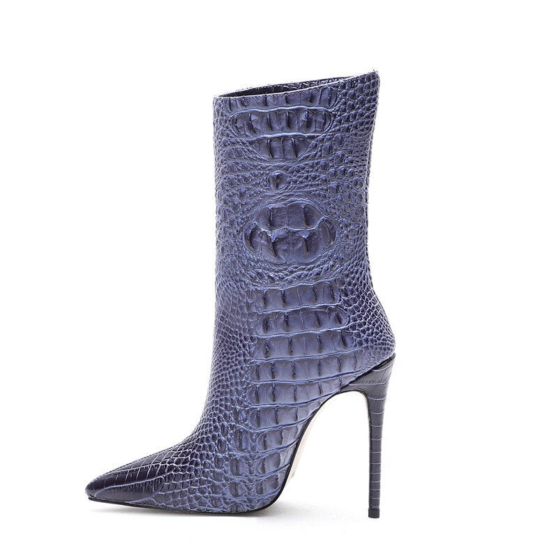 Crocodile High Heel Short Boots Large 34-45 Pointed Thin Heels and Ankle Boots Show Winter  Autumn Mid Tube Boots Women Shoes