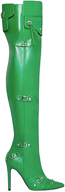 Solid Sexy Pointy Knee Length Belt Buckle Thin Heel Stage Boots Fashion High Top Boots