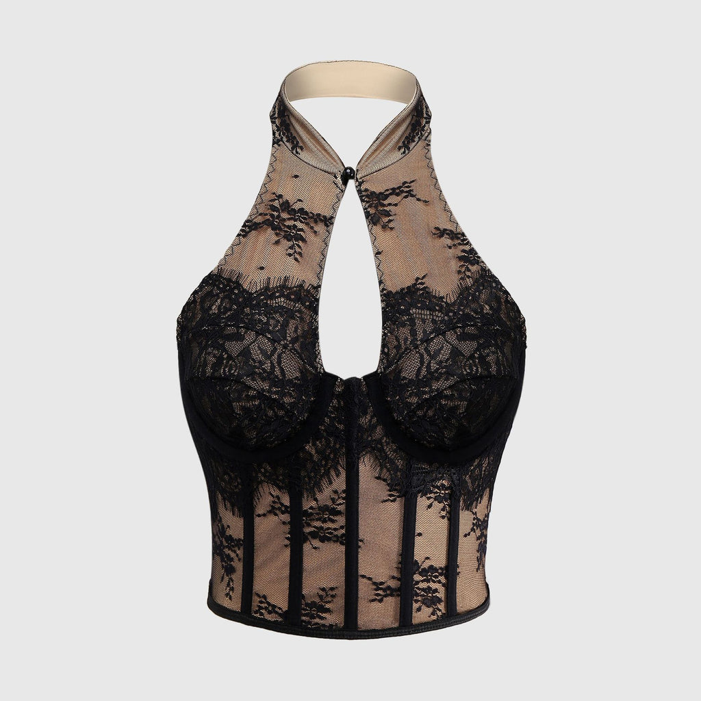 Sexy Lace Chinese Cheongsam Style Halter Button Fitted Corset Backless Hollow Out Crop Top