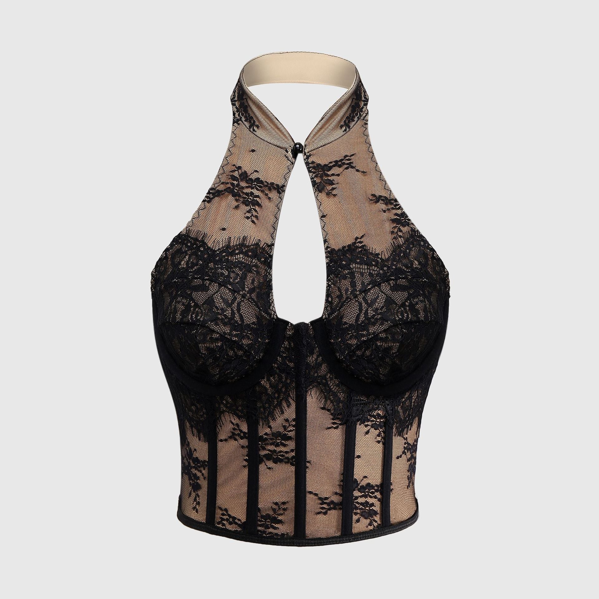 Sexy Lace Chinese Cheongsam Style Halter Button Fitted Corset Backless Hollow Out Crop Top