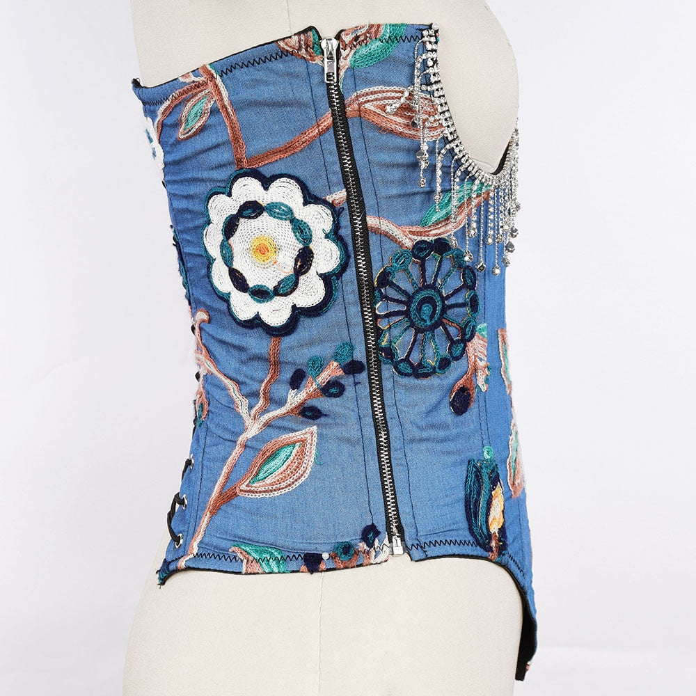 Atoshare Vintage Punk Rhinestone Corset Top Flowers Bandage Backless Diamond Chain for Women Rave Clothing