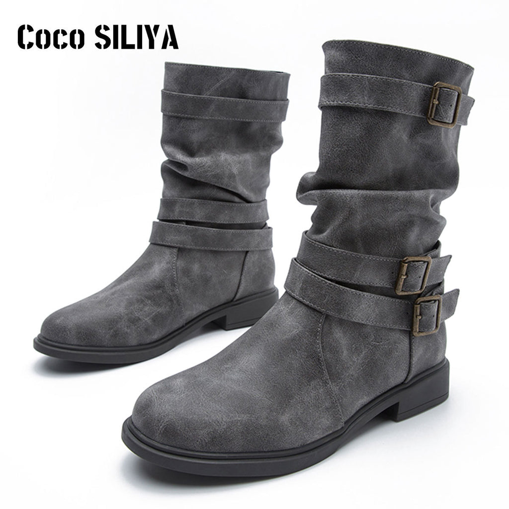Autumn And Winter New Boots Round Head Flat Bottom Women's Large Smoke Pipe Boots Motorcycle Boots