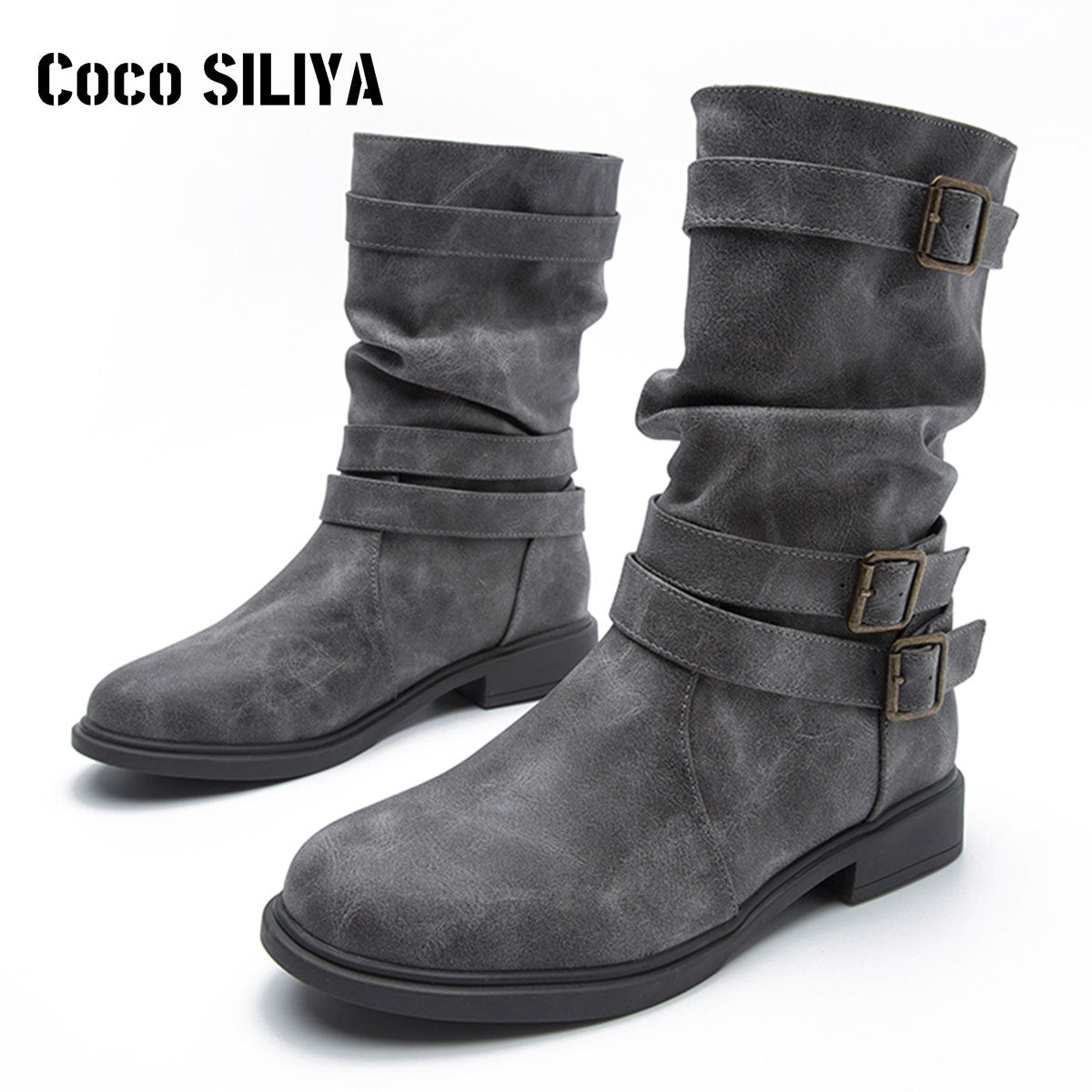 Autumn And Winter New Boots Round Head Flat Bottom Women's Large Smoke Pipe Boots Motorcycle Boots