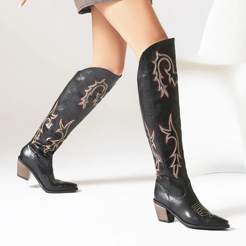Western Cowboy Boots For Women High Heels Over the Knee Boots Ladies Pointed Toe Chunky Heel Cowgirl Boots